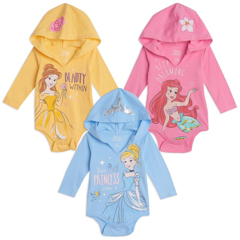 Disney Cinderella Princess Belle Princess Ariel Baby Girls 3 Pack Bodysuits Newborn to Infant, 1 of 9