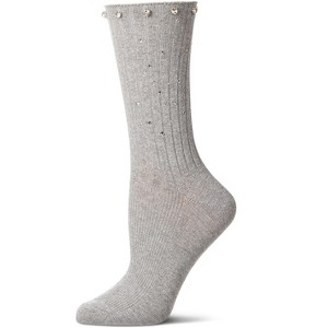 Memoi Women's Ribbed Rhinestone Studded Cotton Rich Crew Sock - 1 of 4