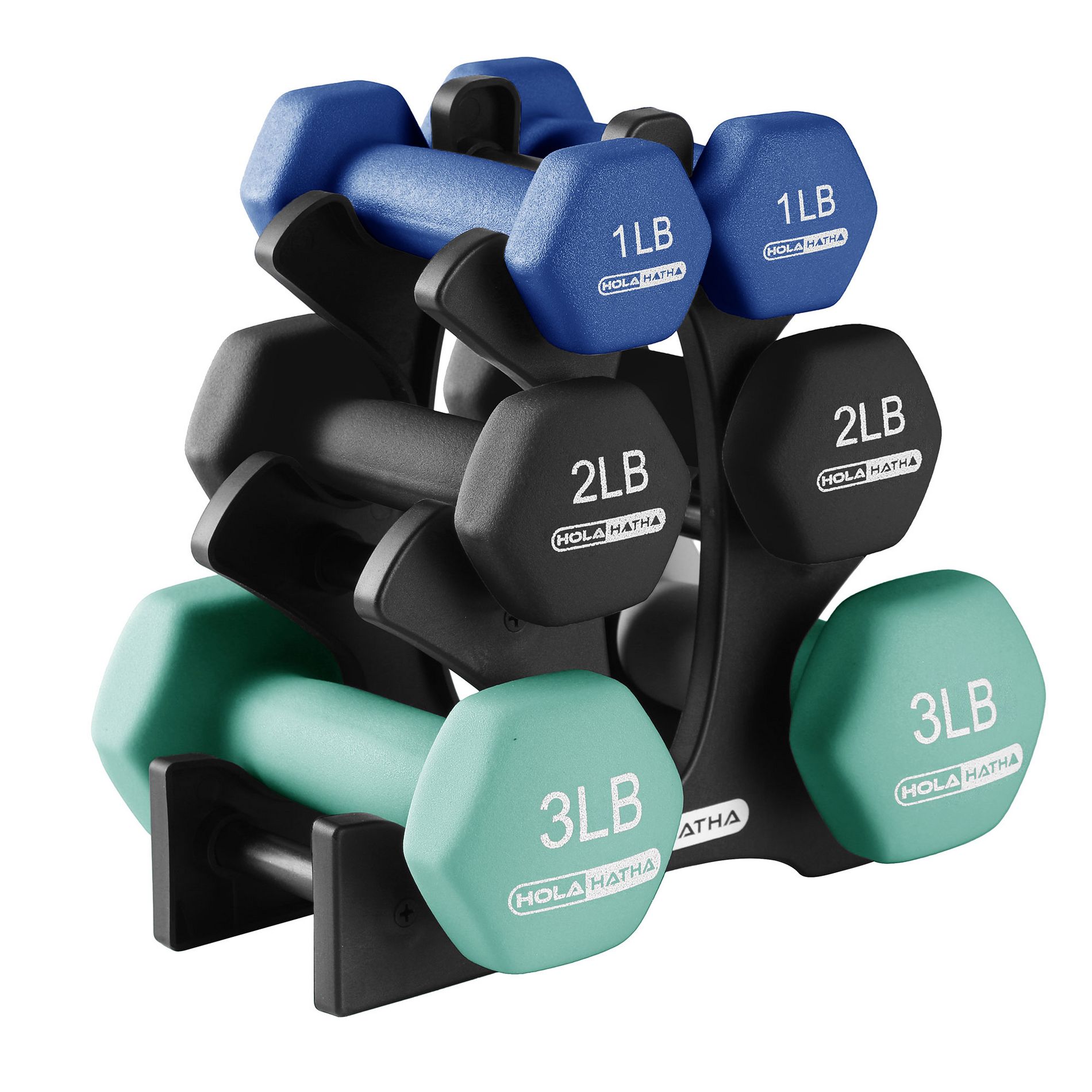 HolaHatha Hex Dumbbell Set with Hand Weights and Storage Rack