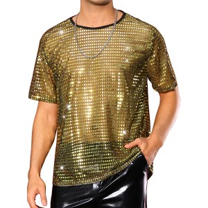 INSPIRE CHIC Men's Crew Neck Short Sleeve Party Metallic Sheer Glitter Sequin T-Shirt - 1 of 4