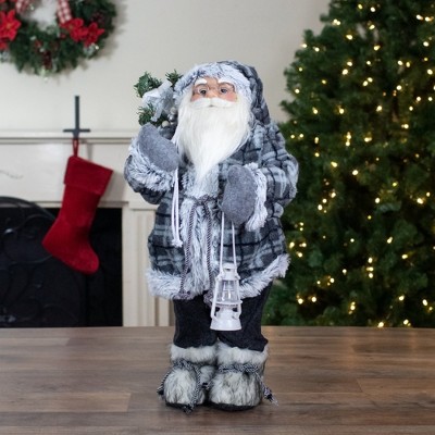 24" Gray Plaid Santa Figurine with Lantern and Faux Fur