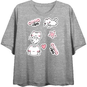 Good Vibes Cat Stickers Women's Crew Neck Short Sleeve Top - 1 of 3