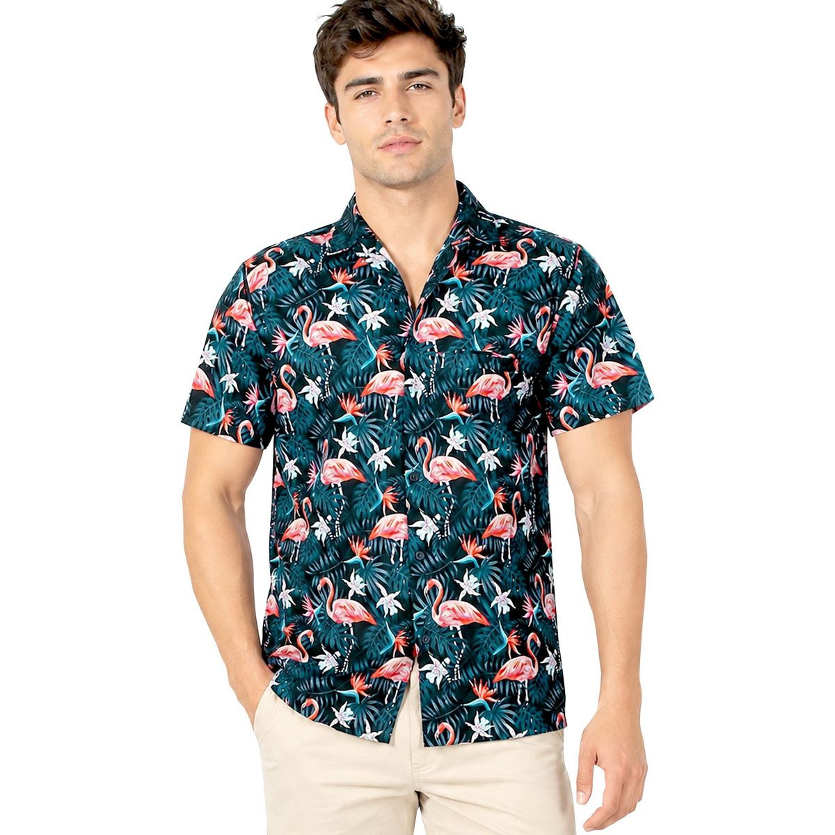 HAPPY BAY Mens Hawaiian Short Sleeve Button Down Shirt Mens Party Shirt Casual Holiday Summer Tropical Island Shirts for Men Funny S Black,flamingo