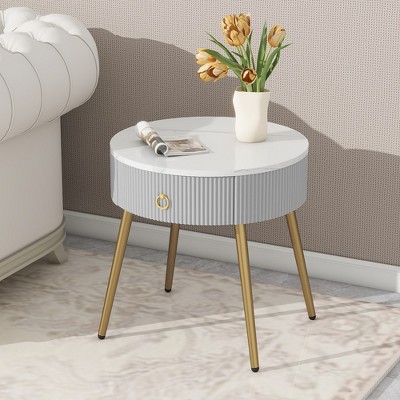 19.6'' Easy Assembly End Tables with High Gloss Faux Marble Tabletops, Set of 2,Grey+Gold