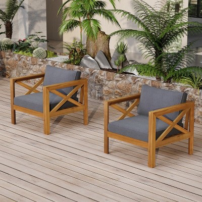 Set of 2 Outdoor Acacia Wood Club Chairs, Patio Armchairs with Cushions and Teak Finish for Porch, Deck or Garden – Cuddlewood