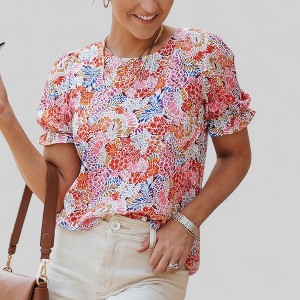 Amaryllis Women’s Puff Sleeve Floral Print Blouse Ruffle Trim Lightweight Woven Fabric- XX Large ,Pink - 1 of 4