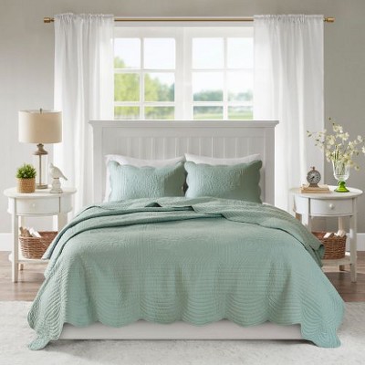 Sapphtopaz 3-Piece Reversible Scalloped Edge Quilt Set & Shams, Cottage/Country Style Queen Sheet Set (1 Quilt, 2 Pillow Shams)