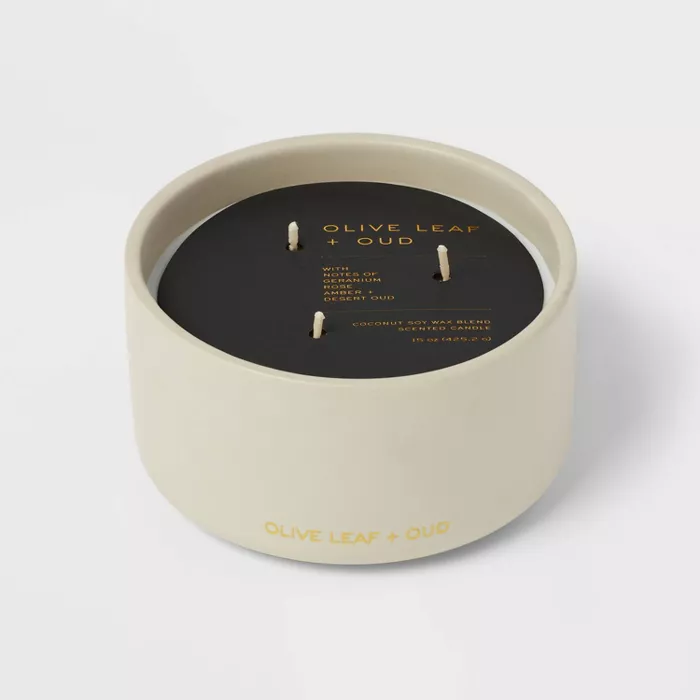 15oz Ceramic Jar 3-wick Black Label Olive Leaf And Oud Candle - Threshold™ : Target