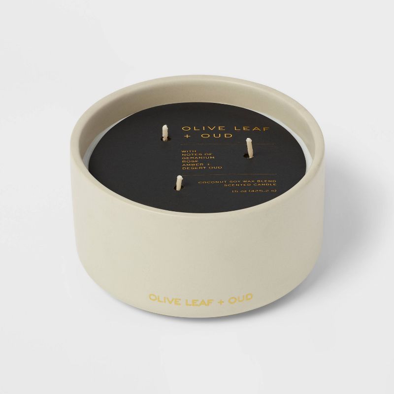 15oz Ceramic Jar 3-Wick Black Label Olive Leaf and Oud Candle - Threshold&#8482;, 1 of 11