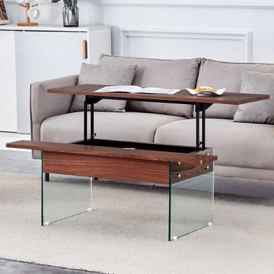 Modern Coffee Table with Lift Top, Grain Sticker, Tempered Glass Legs for DIY Art or Sticker, Perfect for Living Room or Office-Maison Boucle
