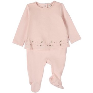 MiniMoi Baby Girls Flouncy Floral Overlay Embroidered Cotton Rich Footie - 1 of 4