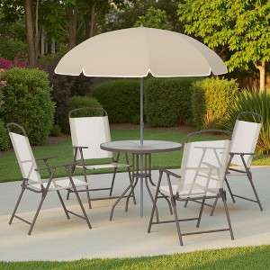 6-Piece Outdoor Patio Dining Set with Umbrella, 4 Folding Dining Chairs, and Round Glass Table - 1 of 4