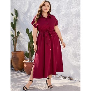 Plus Size Shirt Dress Women Summer Short Sleeve Maxi Dress with Belt Side Slit - 1 of 4