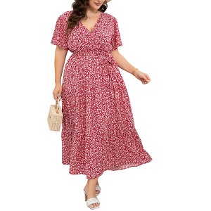 BLUEMING Summer Maxi Dress for Plus Size Women Tie Wasit Surplice Dress Flutter Sleeve A-Line Dress - 1 of 4