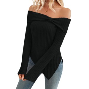 Womens Off Shoulder Asymmetric Sweater Tops Long Sleeve Rib Knit Tops Side Slit Bow Sweater Cute Dressy Tops - 1 of 4
