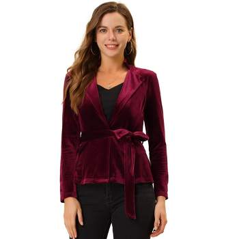 Allegra K Women's Work Office Velvet Belted Lapel Collar Blazer Jacket