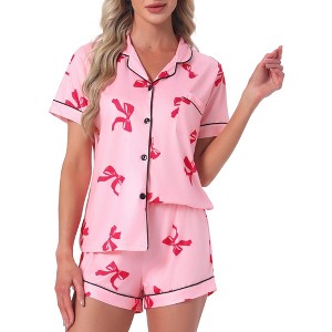 INSPIRE CHIC Women's 2 Pcs Pajama Sets Short Sleeves Cute Bow Print Soft Comfy Button Up Tops and Shorts - 1 of 4
