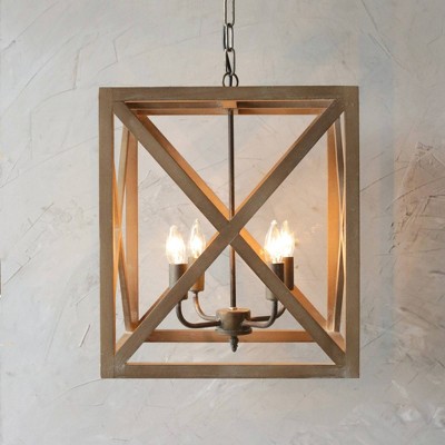 Natural Brown Wood and Metal Cage Chandelier, 4-Bulb