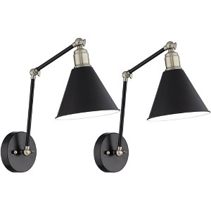 360 Lighting Wray Modern Wall Lamps Set of 2 Painted Black Brass Hardwire 7 1/4" Light Fixture Adjustable Arm Metal Cone Shade for Bedroom Reading - 1 of 4