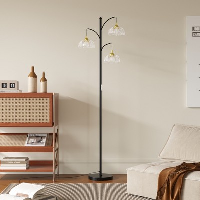 SUGIFT Floor Lamp with 3 Adjustable Heads and Petal Glass Shades, Modern Standing Lamp with LED Bulbs for Living Room Bedroom Office