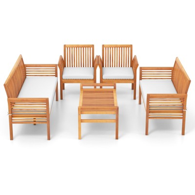 Tangkula 5 Pieces Acacia Wood Patio Conversation Set Outdoor Furniture Sofa Set with Removable Seat Cushions Sectional Sofa & Table Set