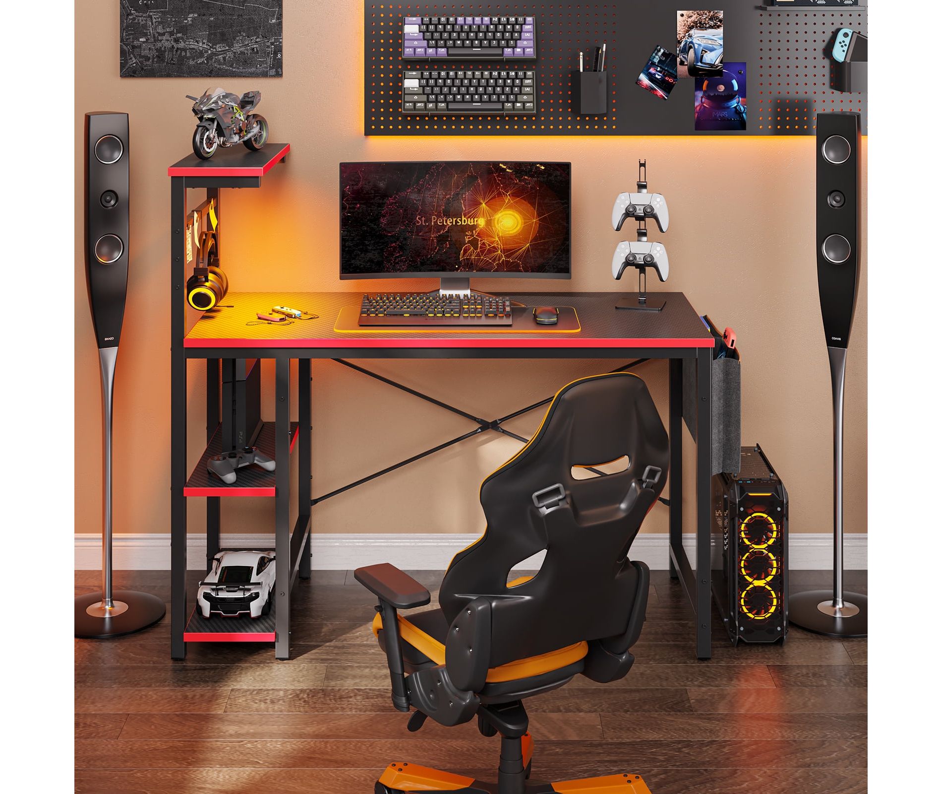 Bestier 44” Gaming Desk with LED Lights, PC Gamer Desk with 4 Tier Adjustable  Shelves & Storage Bag for Small Spaces, Black 3D Carbon Fiber