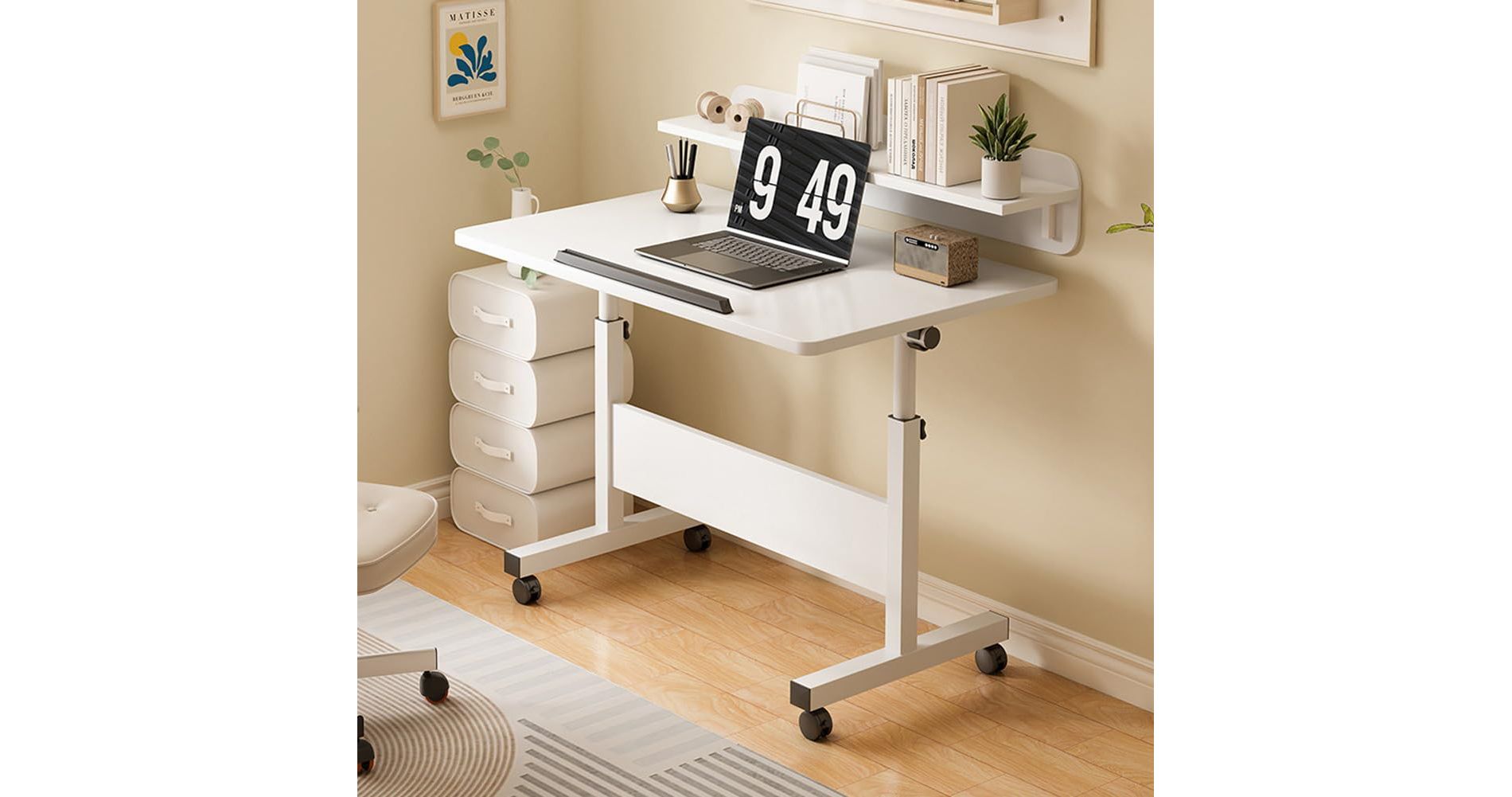 Standing  Computer Desk with Wheels ，Height Adjustable，Mobile Computer Table Sit Stand Up for Work Office Home