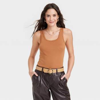 Women's Slim Fit Ribbed High Neck Tank Top - A New Day™tan M : Target