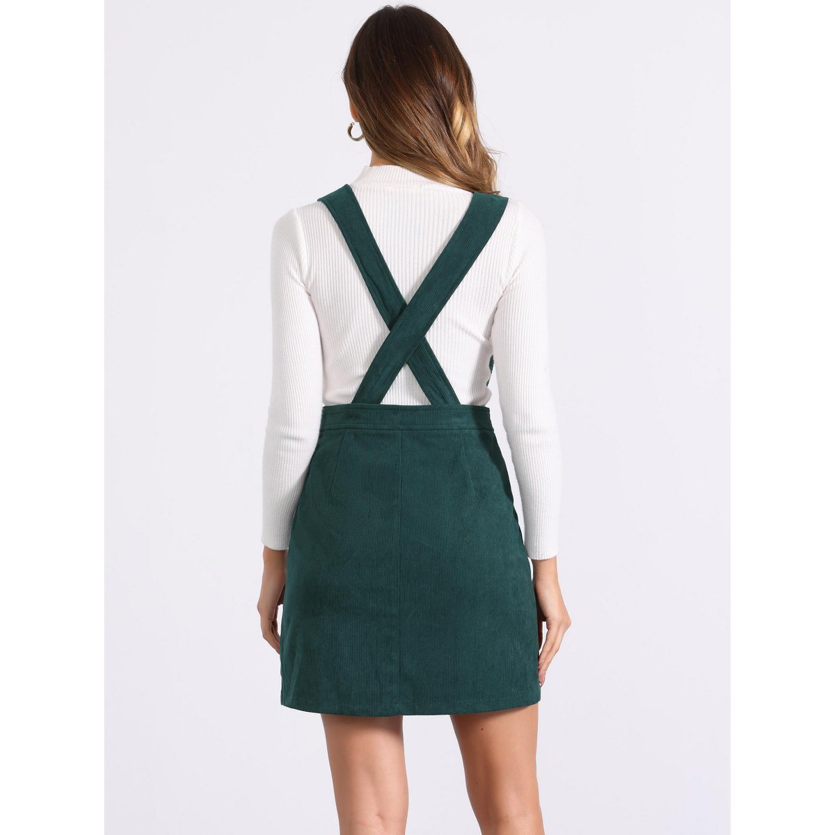 Женские платья INSPIRE CHIC Women's V-Neck Corduroy Strap Back Overall Mini Pinafore Dress Deep Green Small — фото 4