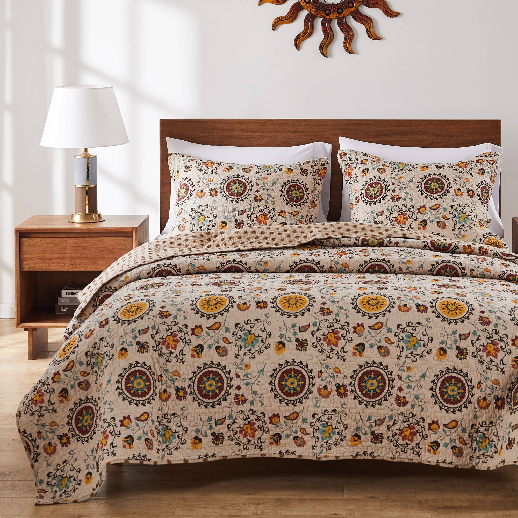 Greenland Home Fashions 3pc Full/Queen Andorra Quilt Set Cream/Brown/Mustard Yellow: Cotton Microfiber Bedding Set with Shams