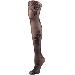 Memoi Women's Lurex Floral Sheer Nylon Tights Black M-L - 1 of 4