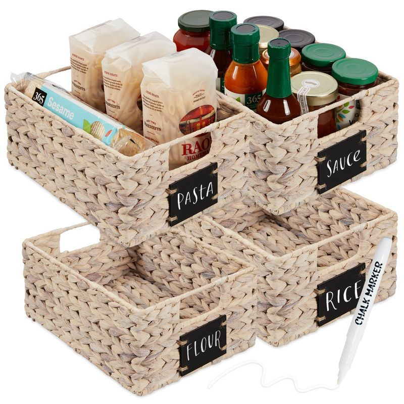 Best Choice Products Set of 4 12in Woven Water Hyacinth Pantry Baskets w/ Chalkboard Label, Chalk Marker, 1 of 8