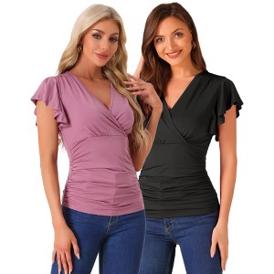 INSPIRE CHIC Women's Summer V Neck Ruffle Sleeve Casual Faux Wrap Blouse 2 Packs - 1 of 4