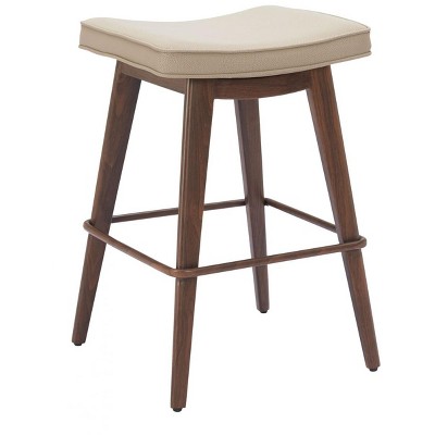 Counter Stool – 27" H With Beige Upholstered Seat & Walnut Faux Wood Steel Frame (Set of 2) By Zuo Modern