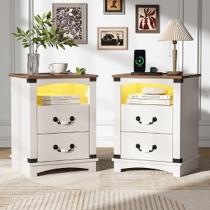 Wood Nightstand with 2 Storage Drawers, LED Light, Charger Station & Ceramic Handle, Farmhouse Night Stand - 1 of 4