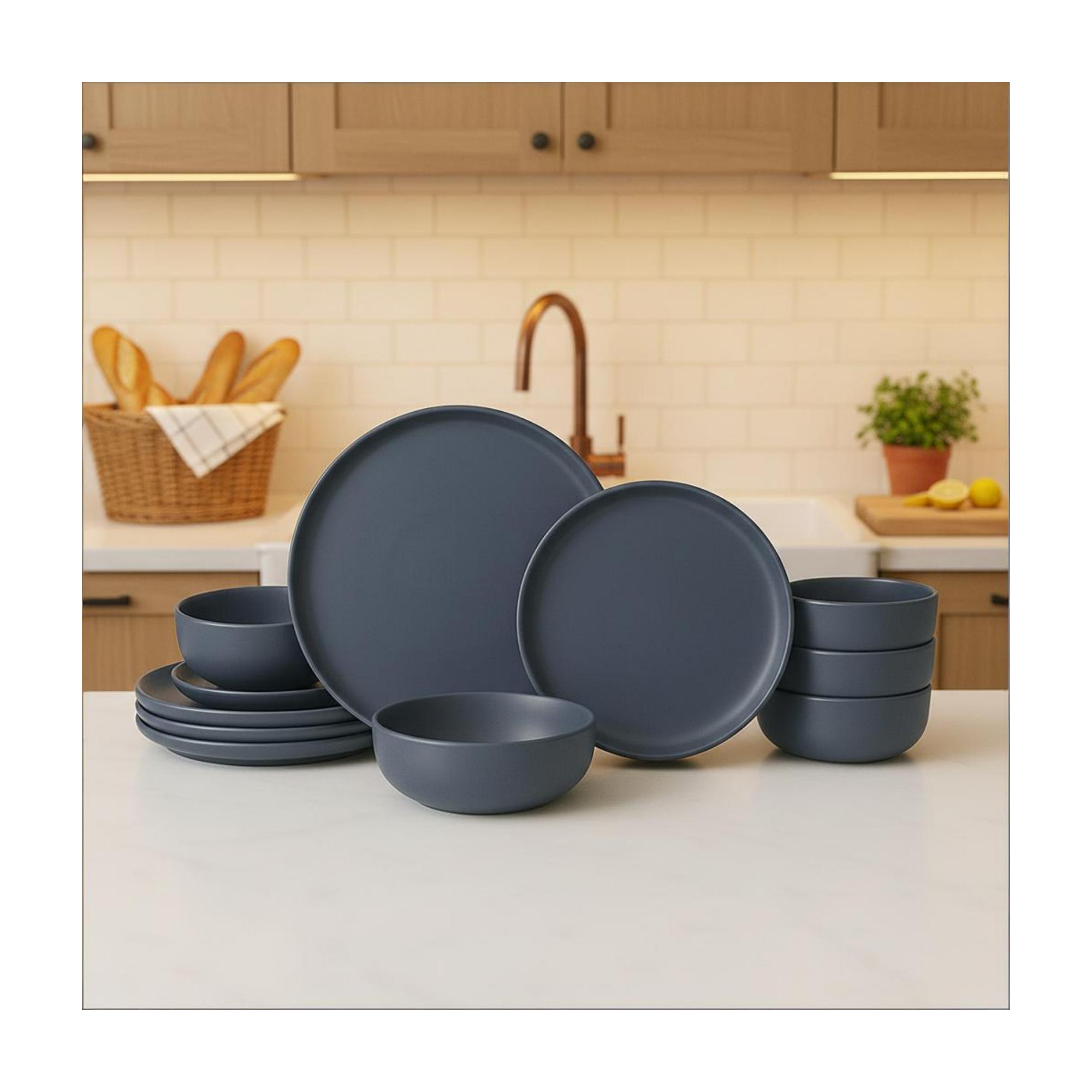 GreenElevate Porcelain Elegance 12-Piece Dinnerware Set for 4, Plates&Bowls, Microwave & Dishwasher Safe, Non-Toxic Matte Glaze, Stackable Kitchenware