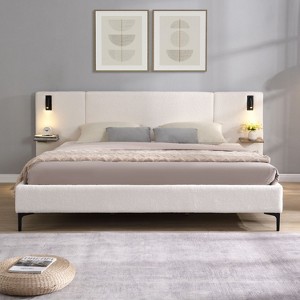 PAGED Bed Frame Linen Upholstered Bed with Integrated Lights and Shelves, Box Spring Not Required - 1 of 4