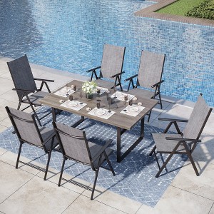 Captiva Designs 7pc Patio Wood-look Metal Table with Umbrella Hole & Textilene Reclining Foldable Chairs - 1 of 4
