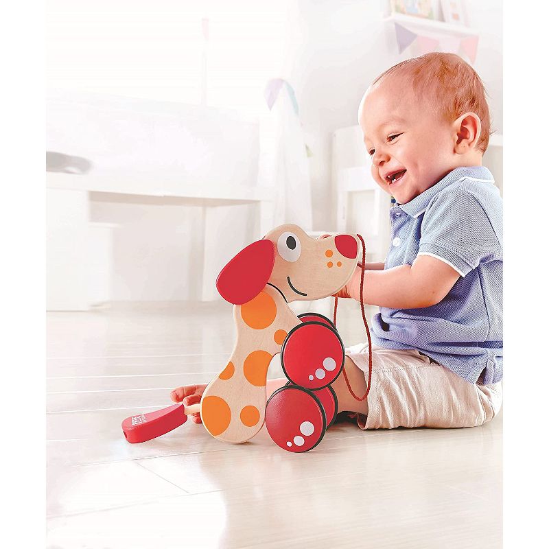 Hape Walk A Long Pepe the Puppy Wooden Push Pull Toy Can Sit, Stand, Roll, with Rubber Rimmed Wheels, for Toddlers Ages 1 and Up, Red and Orange, 4 of 6