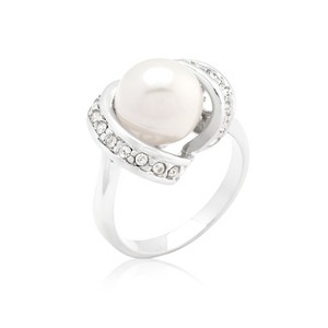 Slickblue Women’s White Pearl Cocktail Ring – Rhodium Finish with Sparkling Ribbon Setting, Sizes 5-10 - 1 of 4