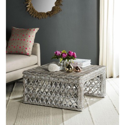 White Wash Wicker and Mahogany Square Coffee Table