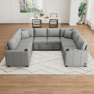 Chenille Upholstered U-Shaped Sectional Sofa, Convertible Pull-Out Sofa Bed with USB Ports & Cup Holders for Living Room - ModernLuxe