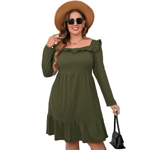 Women's Square Neck Long - Sleeve Dress with Ruffle Trim & Tie Detail, Flowy Midi Dress for Casual & Semi - Formal - 1 of 4