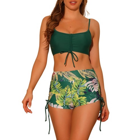 Elerevyo Women s Drawstring Push Up Top Tropical Print High Waist Shorts Swimwear Bathing Suits 2 Pcs Dark Green Small