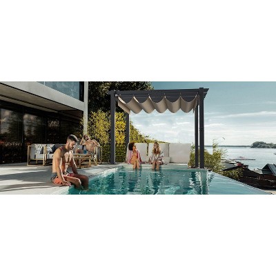 Outdoor Aluminum Pergola, Upgraded Retractable Canopy, Adjustable Shade, Metal Patio Shelter, Wood Grain-Look Frame, for Garden and Backyard