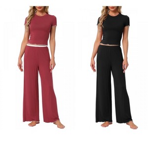 INSPIRE CHIC Women's 2 Pcs Knitted Short Sleeve Top Ruffled Long Wide Leg Pants Pajama Suits - 1 of 4