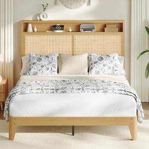 Rattan Bed Frame with Natural Rattan Headboard,Bohemian Frame with LED Lights & Charging Station,Storage Headboard, No Box Spring Needed - 1 of 4