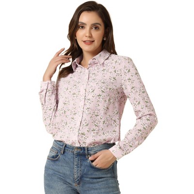 Allegra K Women's Point Collar Long Button Sleeve Button Down Floral Shirt