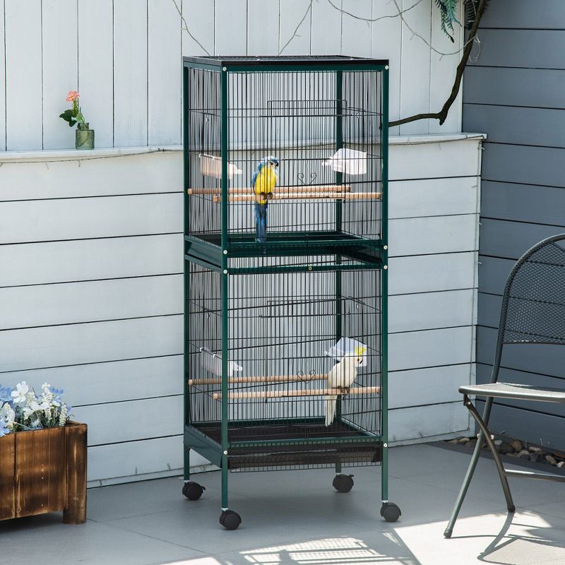 PawHut 55" 2 In 1 Bird Cage Aviary Parakeet House for finches, budgies with Wheels, Slide-out Trays, Wood Perch, Food Containers, 2 of 7