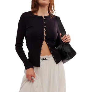 Clearlove Women Long Sleeve Knit Crop Top Tight Slim Fit Cardigan Button Up Shirts - 1 of 4